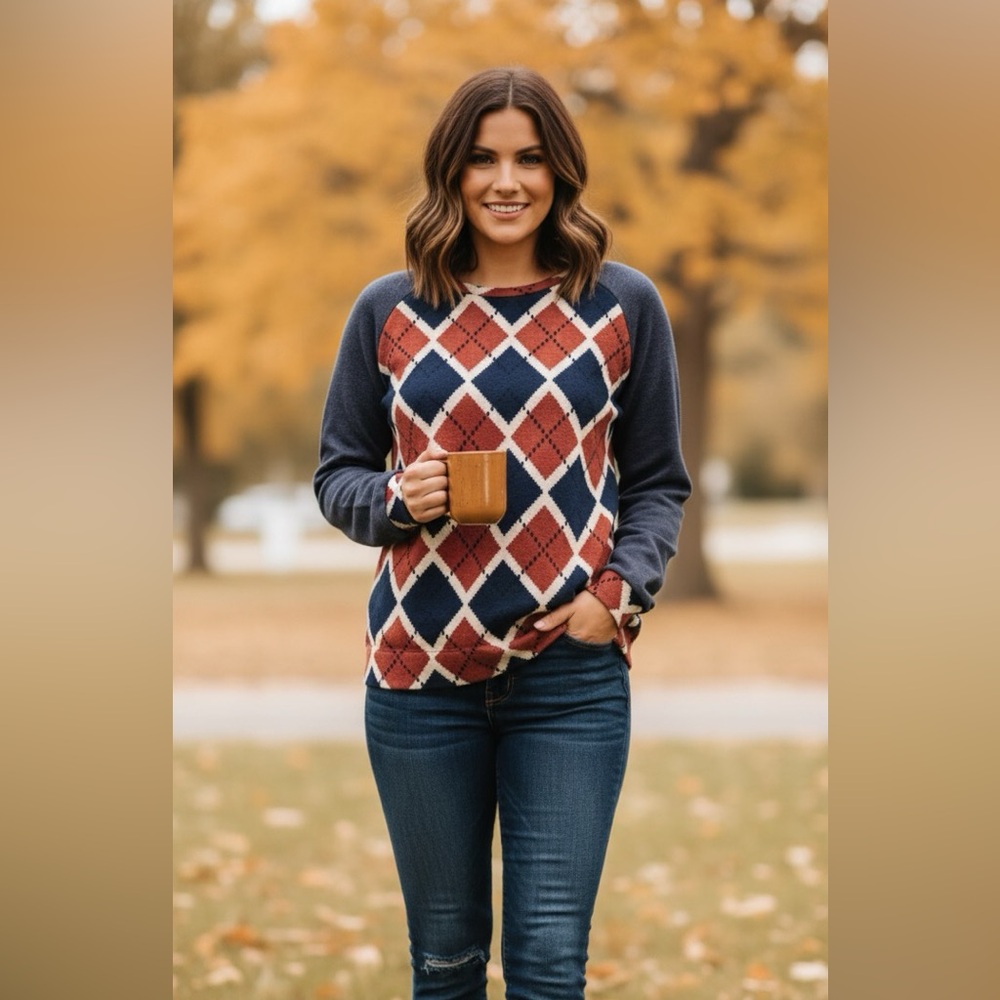 Sun n Moon Argyle Knit Long Sleeve Top Navy & Rust Preppy Academia Medium NWT